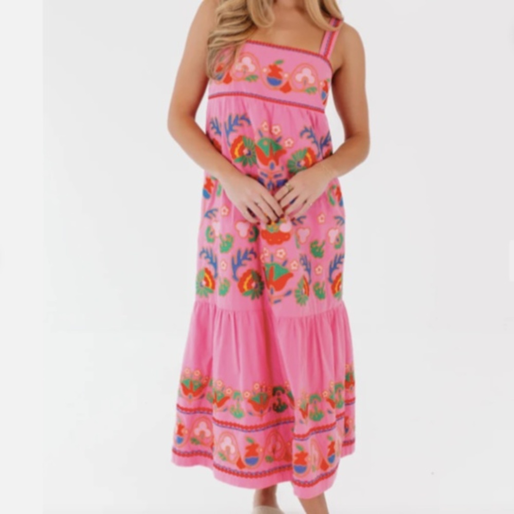 J. Marie Pink Embroidered Landon Midi Dress Resort Nwt